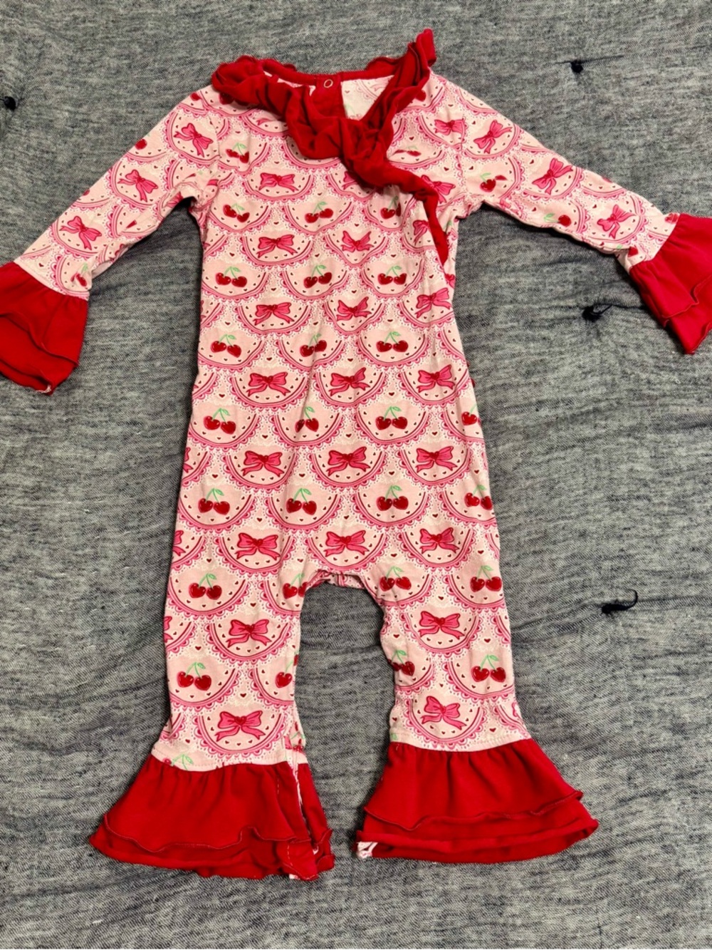 Ruffle Butts Pink Red Cherry Bows Flare Onesie Size 18-24m
